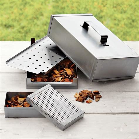 stainless steel smoker box with assorted 3pk wood chips|Williams Sonoma Smoker Box & Hickory Smoking Chips Set.